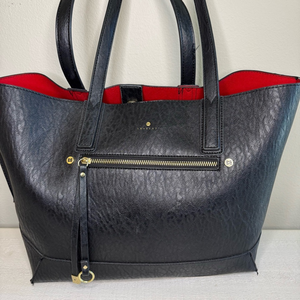 Black Vegan Leather Tote Bag with Red Interior - Picture 2 of 8